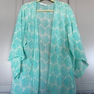 Palm leaf teal green kimono